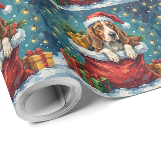 Basset Hound Christmas Santa Bag Adventure Geschenkpapier (Rolleneckpunkt)