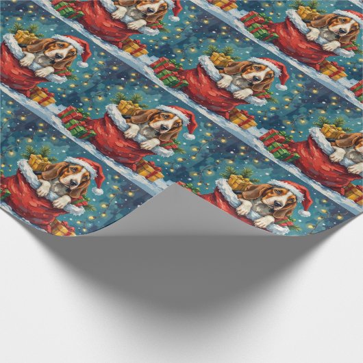 Basset Hound Christmas Santa Bag Adventure Geschenkpapier (Ecke)