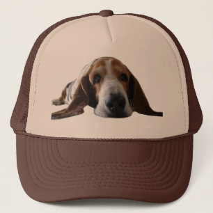 Basset Hound, das sich hinlegt Truckerkappe