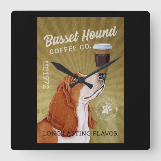 Basset Hound Dog Kaffee Quadratische Wanduhr (Vorderseite)