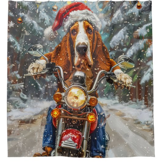 Basset Hound Dog Riding Motorrad Weihnachten Duschvorhang (Vorderseite)