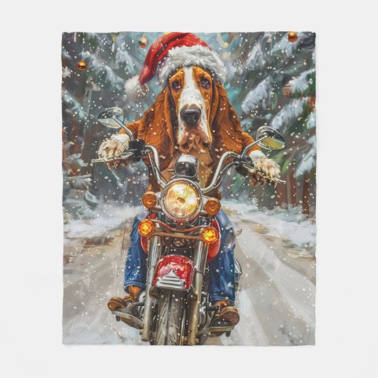 Basset Hound Dog Riding Motorrad Weihnachten Fleecedecke (Vorderseite)