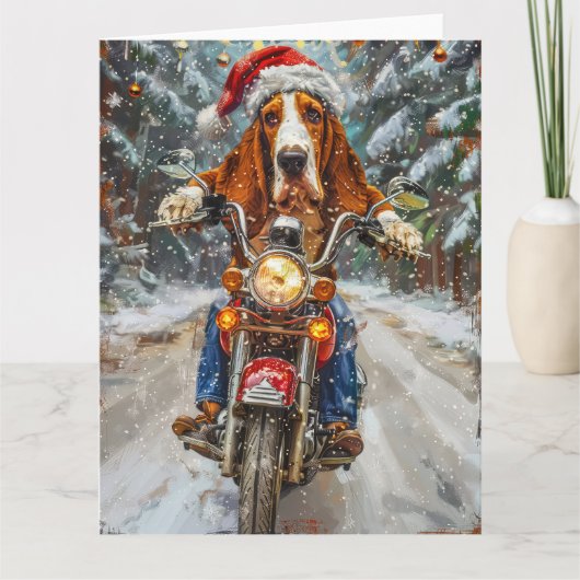 Basset Hound Dog Riding Motorrad Weihnachten Karte (Vorderseite)