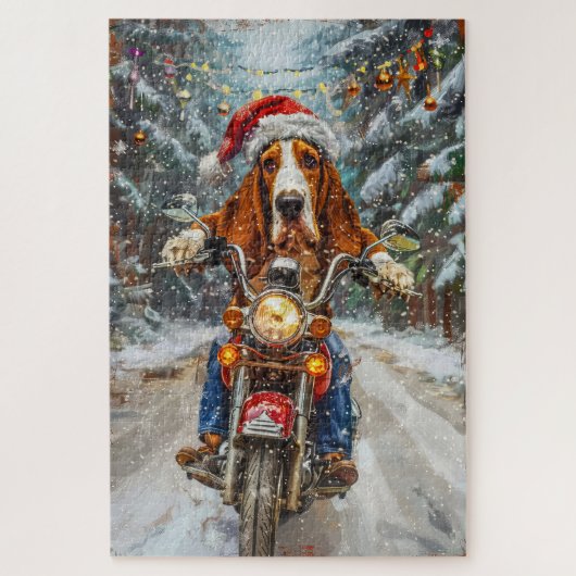 Basset Hound Dog Riding Motorrad Weihnachten Puzzle (Vertikal)