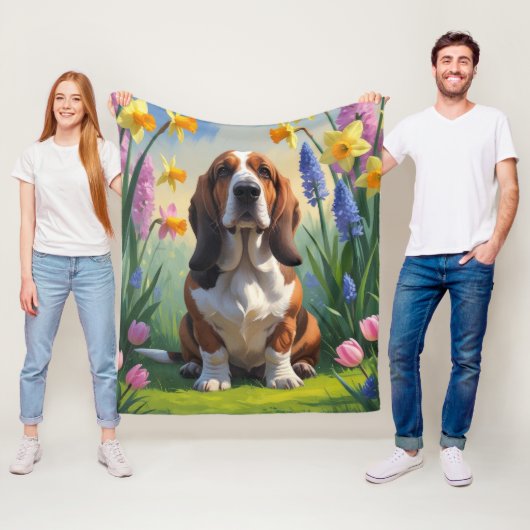 Basset Hound Dog Spring Flowers Malerei Fleecedecke (Beispiel)