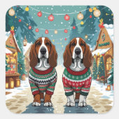 Basset Hound Dogs Christmas Snow Holiday Quadratischer Aufkleber (Vorderseite)