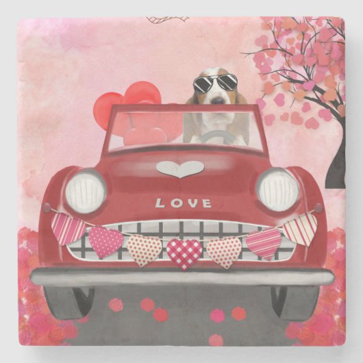 Basset Hound Driving Car mit Herz Valentin Steinuntersetzer (Vorderseite)