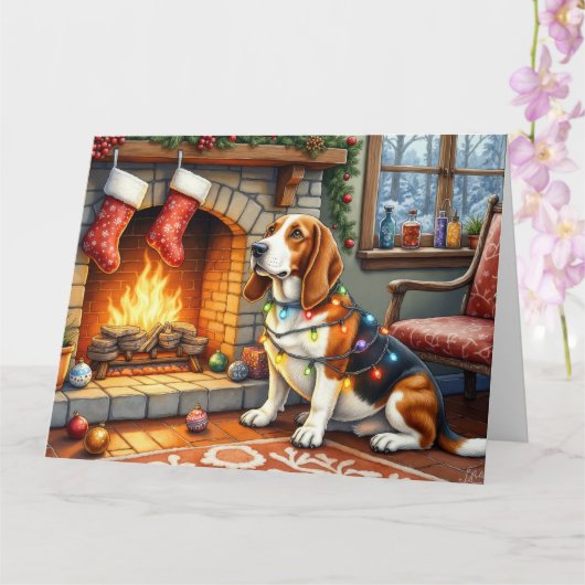 Basset Hound Fireplace with Christmas Lights Karte (Orchidee)