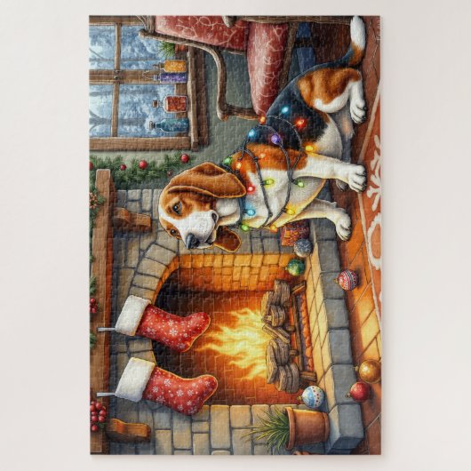 Basset Hound Fireplace with Christmas Lights Puzzle (Vertikal)