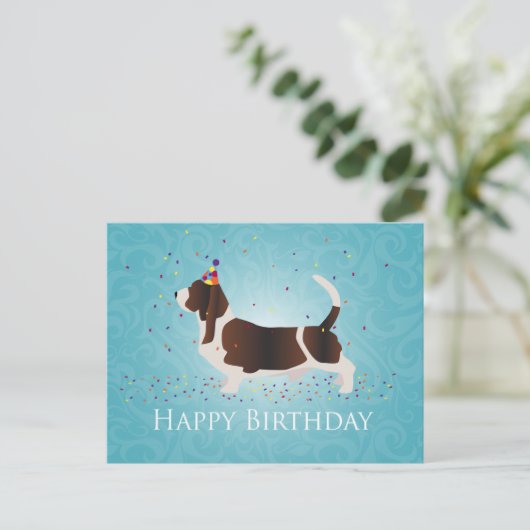 Basset Hound Happy Birthday Design Postkarte (Stehend Vorderseite)