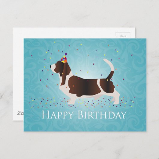 Basset Hound Happy Birthday Design Postkarte (Vorne/Hinten)