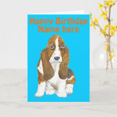 Basset Hound Happy Birthday, Name vorne hinzufügen Karte (Gelbe Blume)