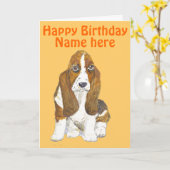 Basset Hound Happy Birthday, Name vorne hinzufügen Karte (Gelbe Blume)