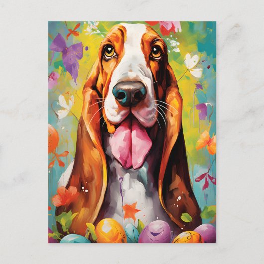 Basset Hound Happy Oaster Postkarte (Vorderseite)