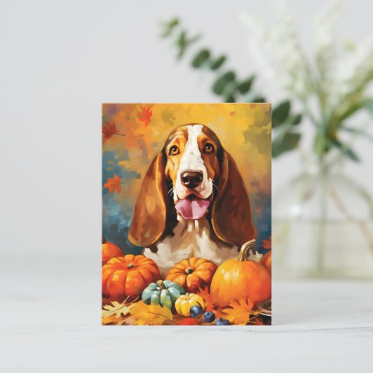 Basset Hound Herbst Erntedank Postkarte (Stehend Vorderseite)