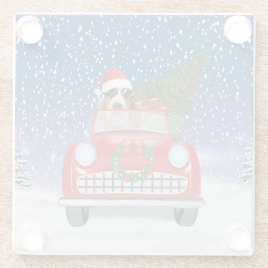 Basset Hound Hund Auto fahren im Schnee Weihnachte Glasuntersetzer (Rückseite)