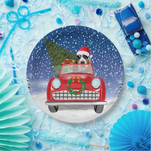 Basset Hound Hund Auto fahren im Schnee Weihnachte Pappteller (Party)