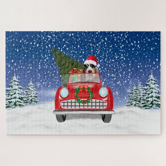 Basset Hound Hund Auto fahren im Schnee Weihnachte Puzzle (Horizontal)