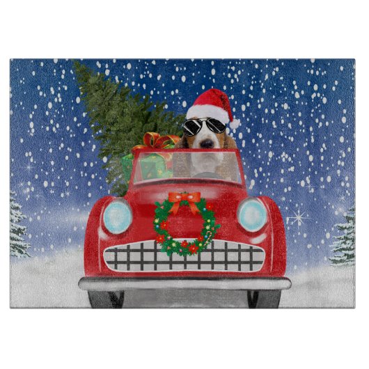Basset Hound Hund Auto fahren im Schnee Weihnachte Schneidebrett (Vorderseite)