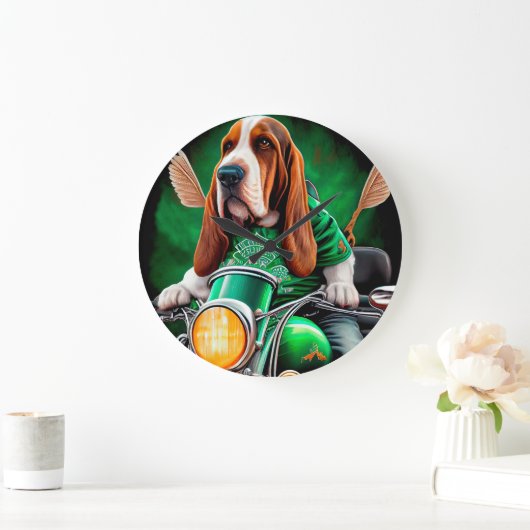 Basset Hound Hund Fahrrad St. Patrick's Day Große Wanduhr (Zuhause)