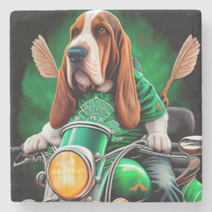 Basset Hound Hund fährt Fahrrad St. Patrick's Day Steinuntersetzer