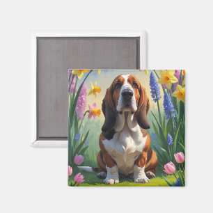 Basset Hound Hund Frühlingsblumen Malerei Magnet