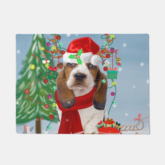 Basset Hound Hund im Schnee mit Weihnachtsgeschenk Fußmatte (Vorderseite)