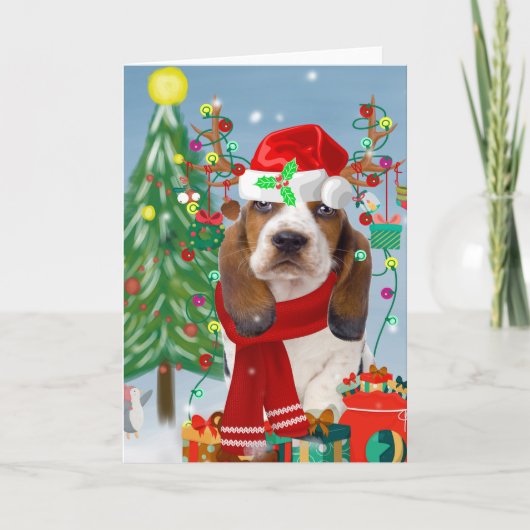 Basset Hound Hund im Schnee mit Weihnachtsgeschenk Karte (Vorderseite)