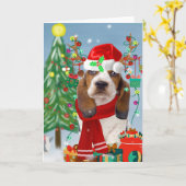 Basset Hound Hund im Schnee mit Weihnachtsgeschenk Karte (Gelbe Blume)