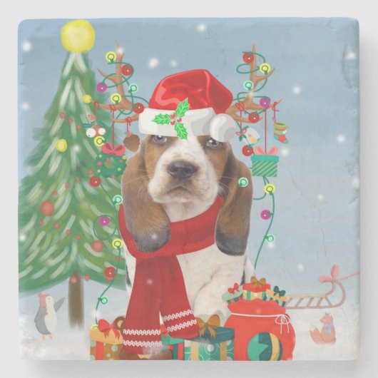 Basset Hound Hund im Schnee mit Weihnachtsgeschenk Steinuntersetzer (Vorderseite)