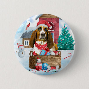 Basset Hound Hund im Schnee Weihnachtshaus Button