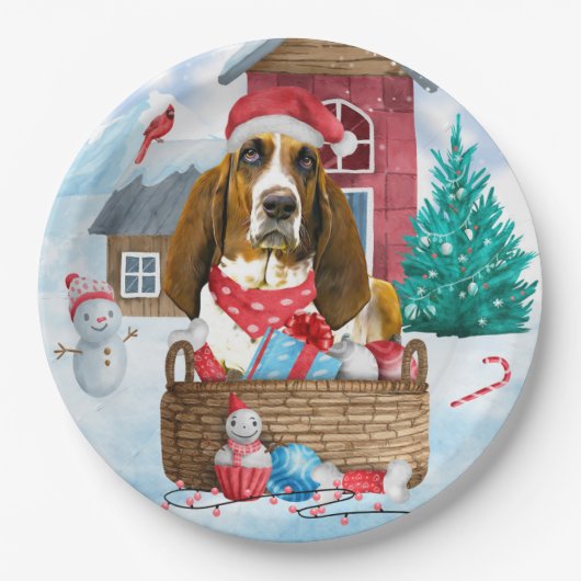 Basset Hound Hund im Schnee Weihnachtshaus Pappteller (Vorderseite)