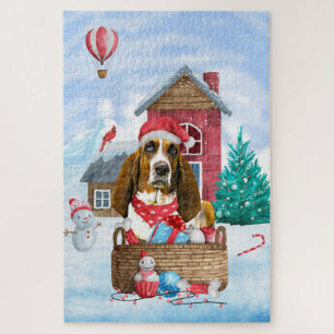 Basset Hound Hund im Schnee Weihnachtshaus Puzzle