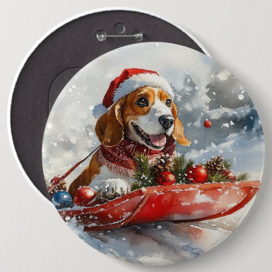 Basset Hound Hund in Sledge Lass es Schnee Weihnac Button (Vorne & Hinten)