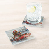 Basset Hound Hund in Sledge Lass es Schnee Weihnac Glasuntersetzer (Schrägansicht)