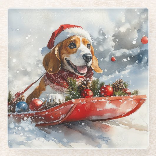 Basset Hound Hund in Sledge Lass es Schnee Weihnac Glasuntersetzer (Vorderseite)