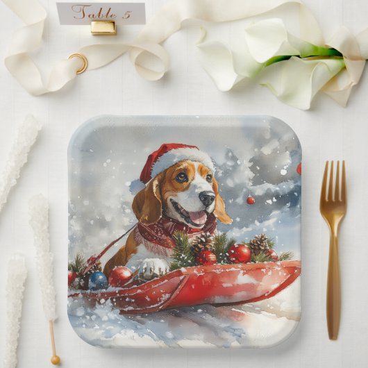 Basset Hound Hund in Sledge Lass es Schnee Weihnac Pappteller (Hochzeit)