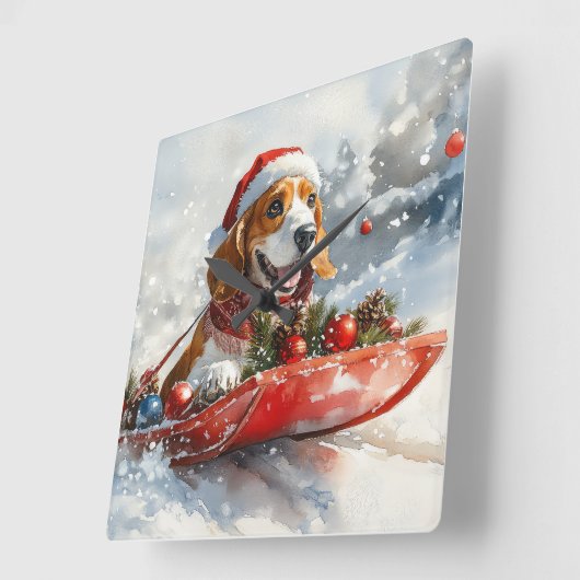 Basset Hound Hund in Sledge Lass es Schnee Weihnac Quadratische Wanduhr (Winkel)