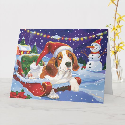 Basset Hound Hund in Sleigh Snow Weihnachten Karte (Gelbe Blume)
