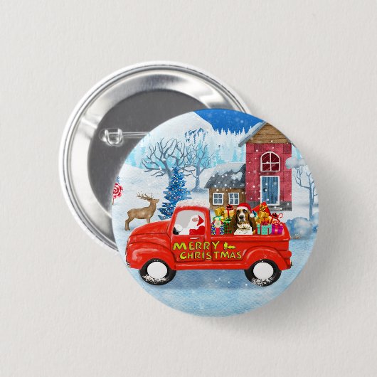 Basset Hound Hund in Weihnachten Lieferung LKW Sch Button (Vorne & Hinten)