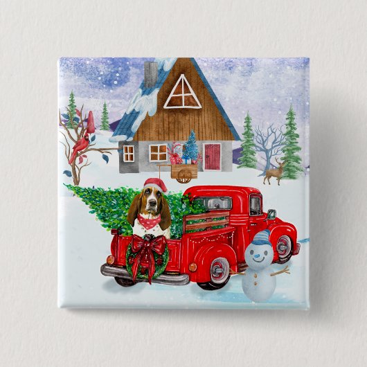 Basset Hound Hund in Weihnachten LKW Schnee Button (Vorderseite)