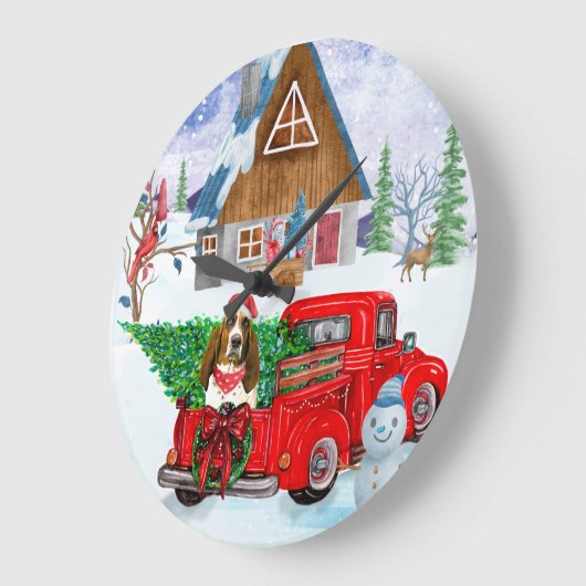 Basset Hound Hund in Weihnachten LKW Schnee Große Wanduhr (Winkel)