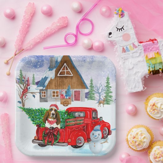 Basset Hound Hund in Weihnachten LKW Schnee Pappteller (Party)