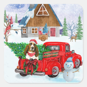 Basset Hound Hund in Weihnachten LKW Schnee Quadratischer Aufkleber