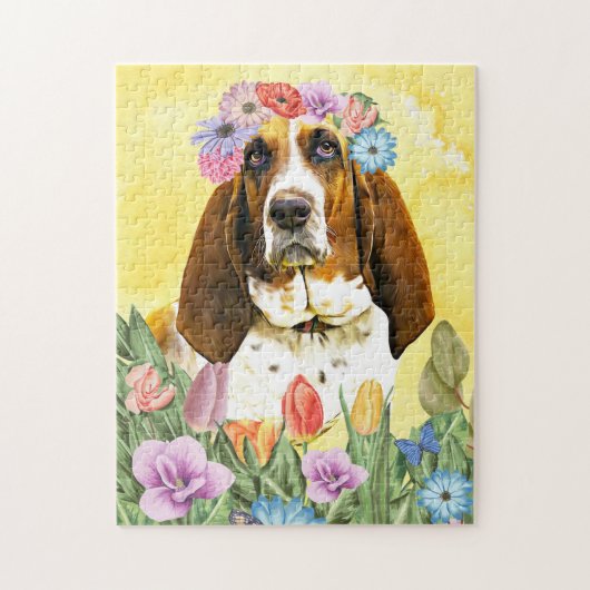 Basset Hound Hund mit Blume Spring Puzzle (Vertikal)