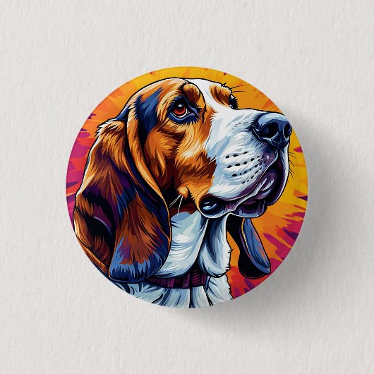 Basset Hound Hund mit farbenfrohem Hintergrund Button (Vorderseite)