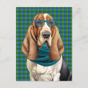 Basset Hound Hund und blaugrüne Karo-Monogramm Feiertagspostkarte