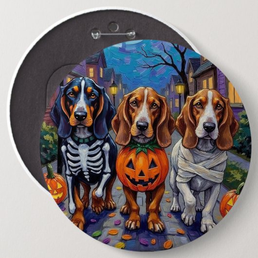 Basset Hound Hunde Trick-or-Treating zu Halloween Button (Vorne & Hinten)