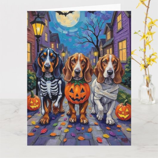 Basset Hound Hunde Trick-or-Treating zu Halloween Karte (Gelbe Blume)