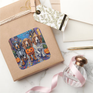 Basset Hound Hunde Trick-or-Treating zu Halloween Quadratischer Aufkleber